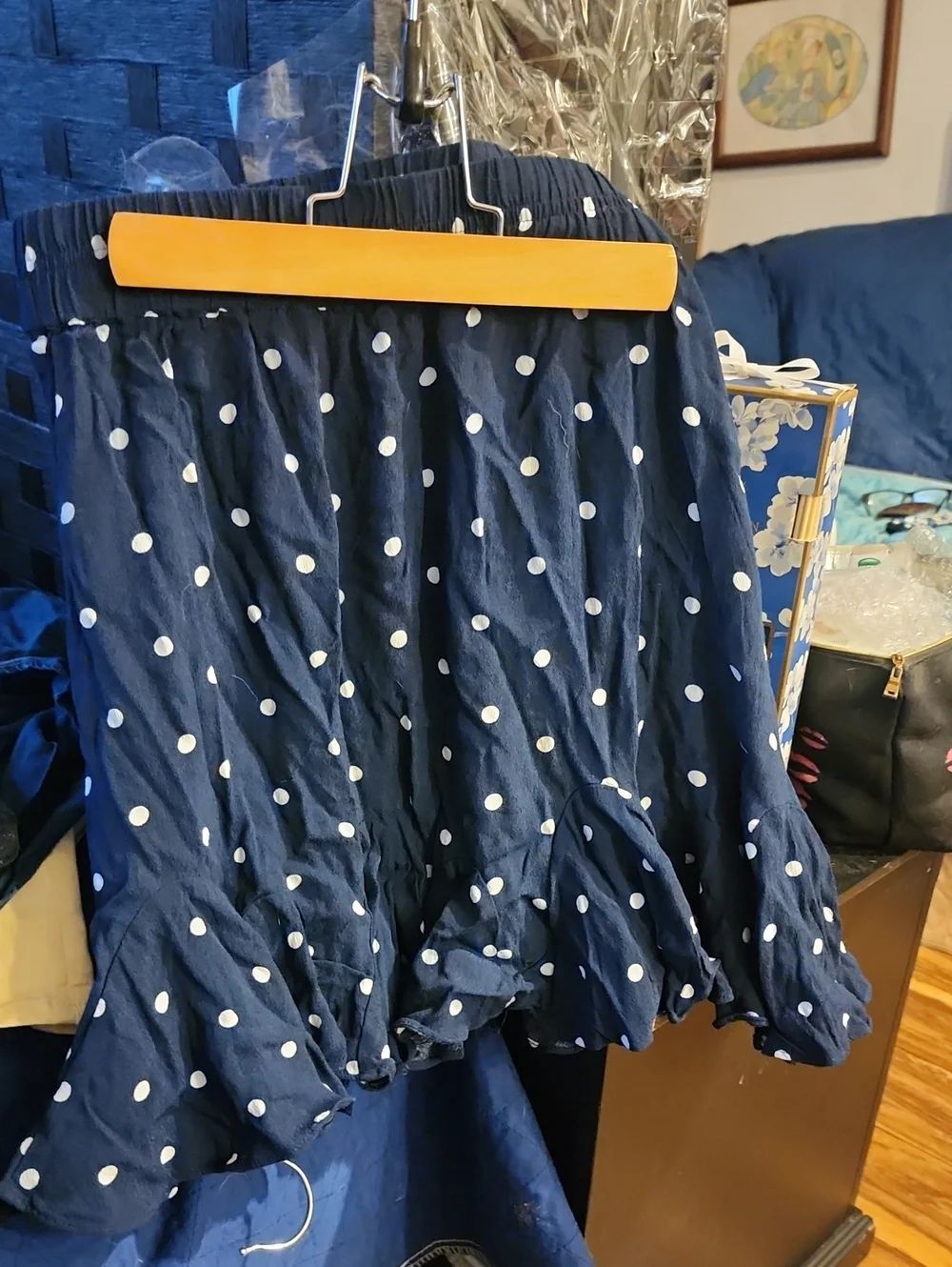 LOFT Navy and White Polka Dot Ruffle-Hem Mini Skirt